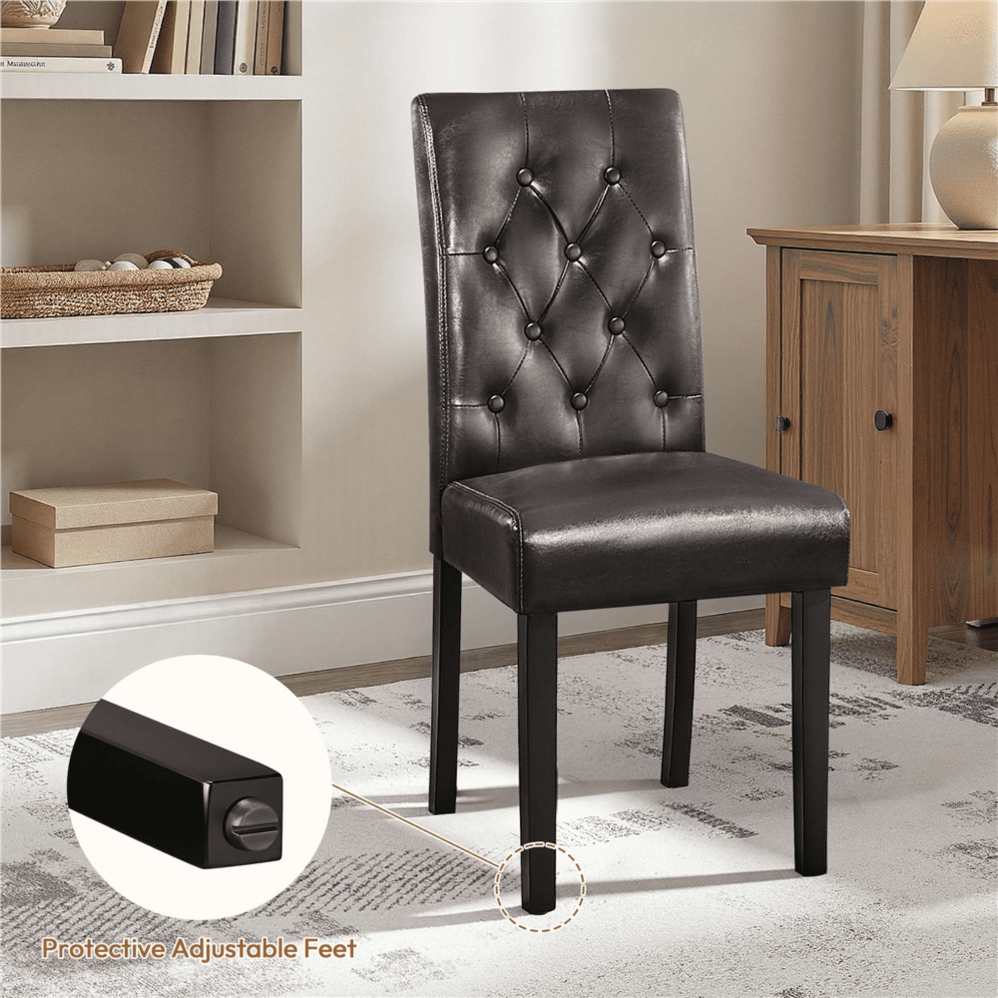 Alden Design Tufted Upholstered Parson Faux Leather Dining Chair with Solid Wood Legs, Set of 2, Brown