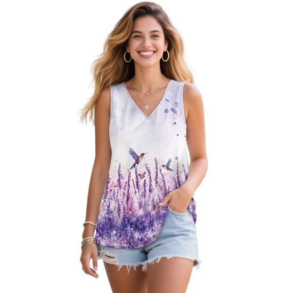 Jeiento Plus Size Womens Hummingbirs T-shirt Tank Tops Hummingbird Lavender Sleeveless Shirts Loose Fit Athletic Golf T-shirt Breathable Elastic Blouse Casual Beach Vacation Outfits,S