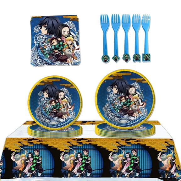JMOCD 51Pcs Blue Demon Slayer Party Tableware Set, Birthday Party Supplies Decorations Set, tablecloth,Plates, Napkins,Cutlery,10 Guests