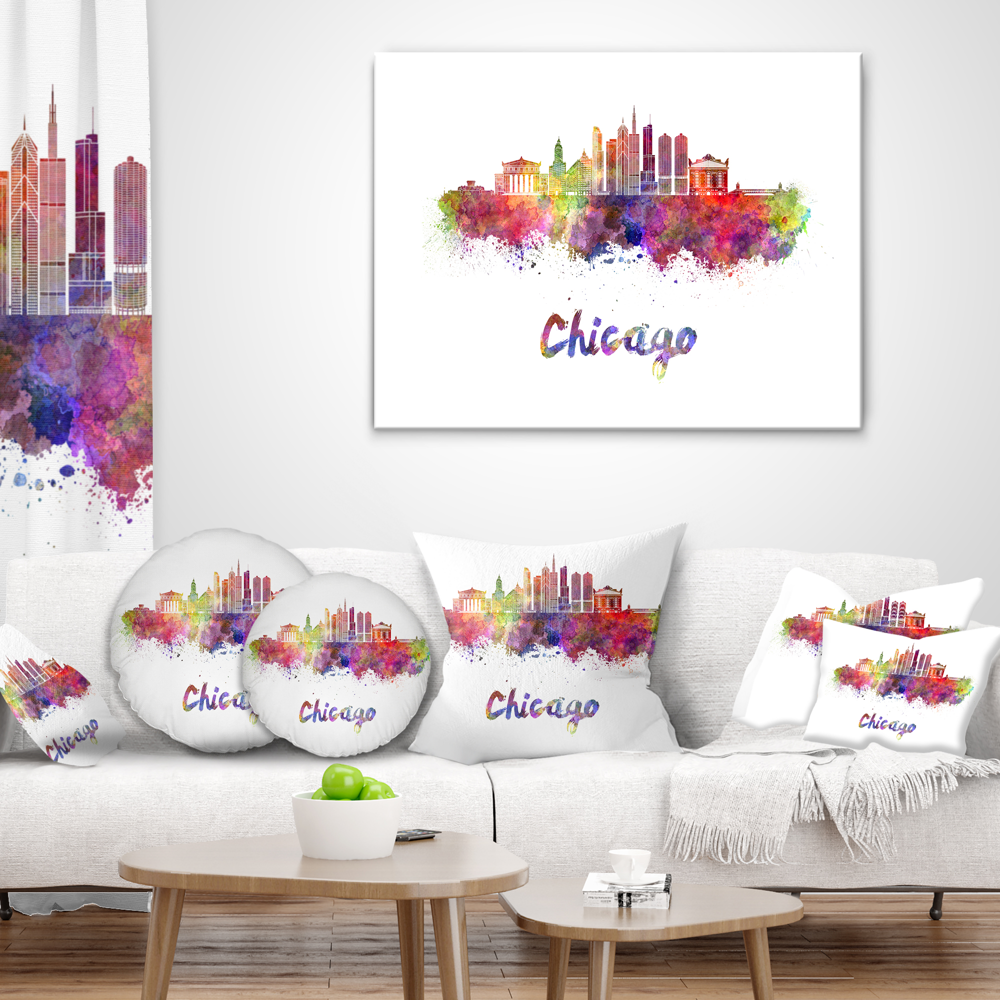 Designart Colorful Chicago Skyline in Watercolor - Cityscape Throw Pillow - 18x18