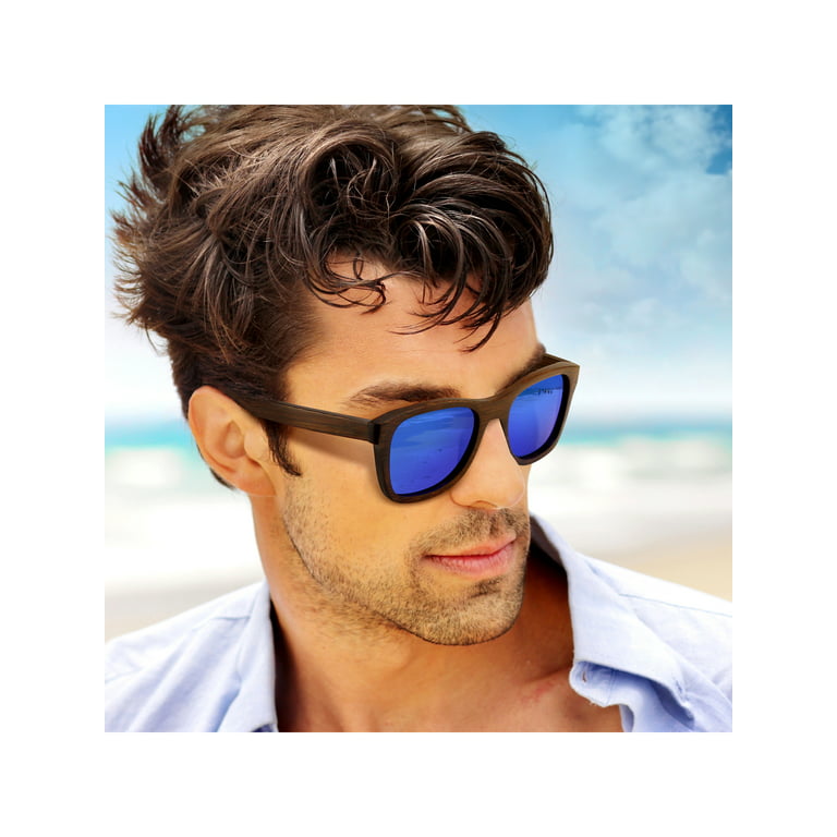 Wood Sunglasses Real Wooden Vintage Bamboo lightweight Polarized Lenses  Sunglass for Men Women Eyewear - Blue
