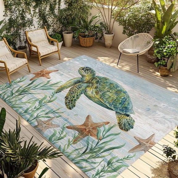 Ocean Green Turtles Outdoor Rug for Patio/Deck/Porch, Non-Slip Large Area Rug 4 x 6 Ft, Coastal Starfish Summer Nautical Seagrass Indoor Outdoor Rugs Washable Area Rugs, Camping Rug Carpet Runner