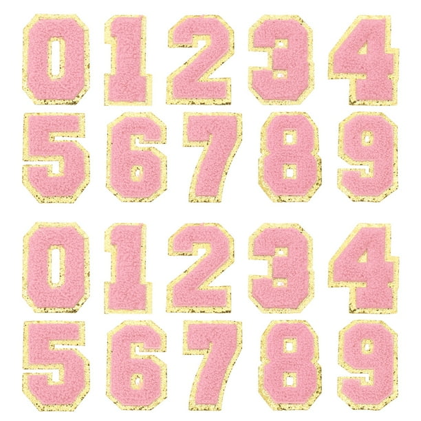 Parche de número Chenille Uxcell, parches autoadhesivos de número, calcomanías para decoración de ropa y sombreros, rosa con borde dorado