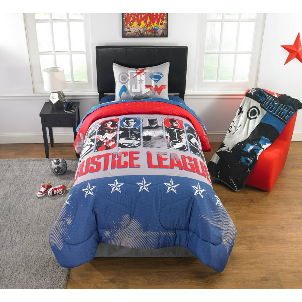 DC Comics Justice League 2Pc Comforter and Sham Set, Kids Bedding, Reversible,Red Blue and Gray