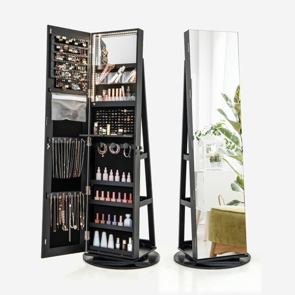 Furnibear 360 Degree Rotating Jewelry Armoire Cabinet with 3 Color LED Modes and Full-Length Mirror Lockable for Bedroom Mirror Jewelry Organizer, Black
