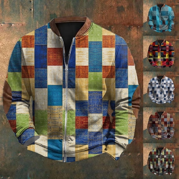 Men's Retro Plaid Print Zip Up Sweatshirt, Casual Long Sleeve Cardigan Style Fleece Jacket, Vintage Streetwear for Christmas, Fall Winter, Daily Layering Piece,Army Green,L