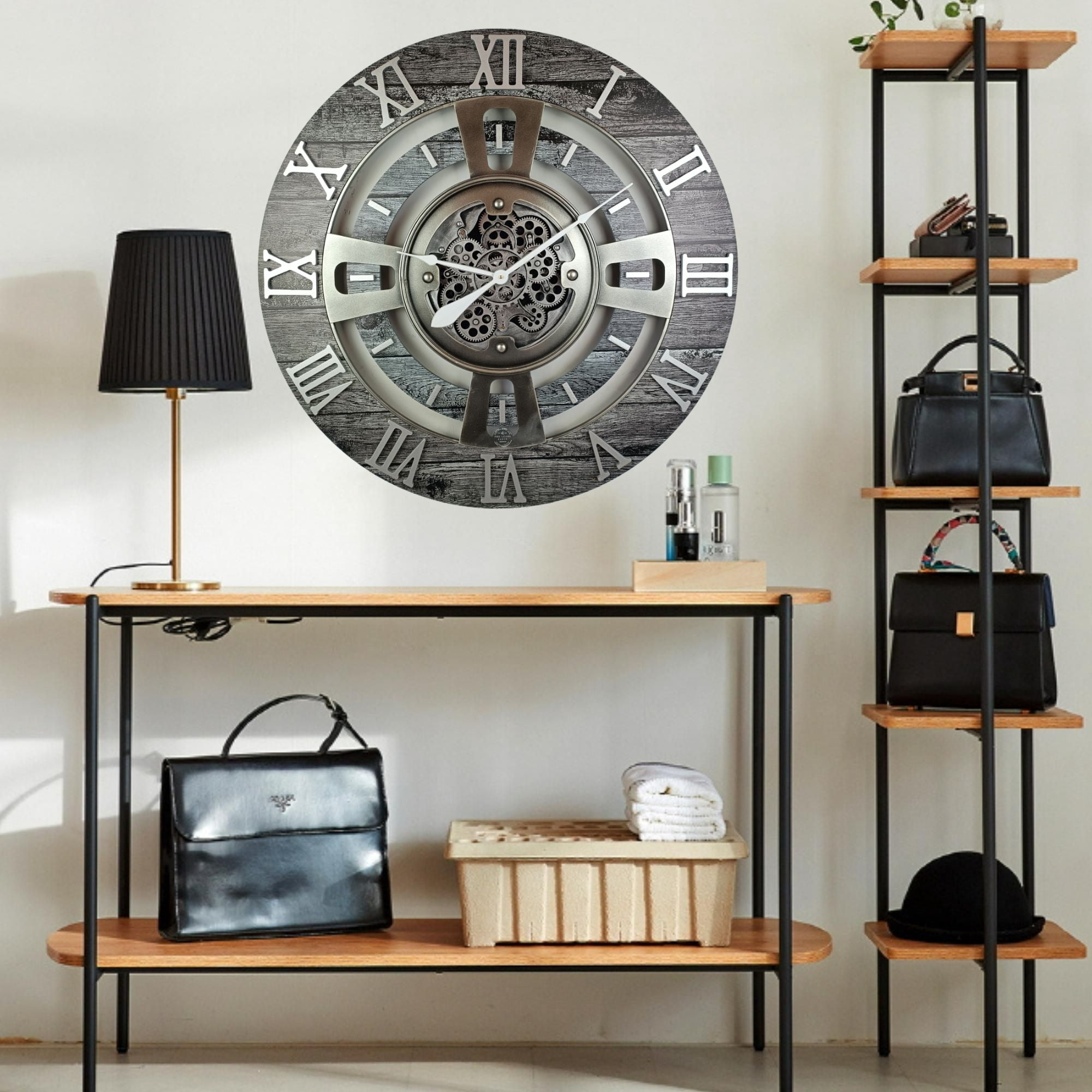 THE GEARS CLOCK Wall Clock with Real Moving Gears EN-LI_ 24 in Round Carbon-Grey