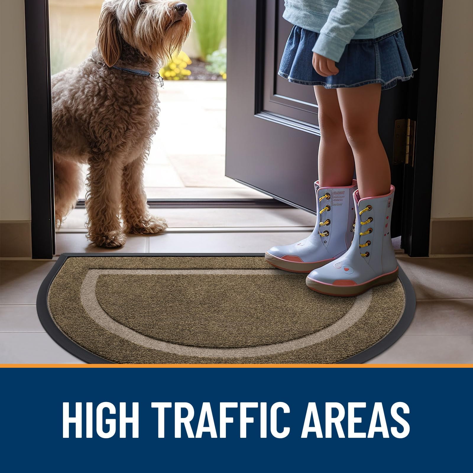 Buganda Half Round Door Mat, Heavy Duty Rubber Entrance Mat, Low Profile Dirt Trapper Doormat Outside, 47" x 32", Brown