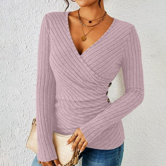 WMTBSRSW Slim Fitted Tops for Women Ribbed Knit Deep V Neck Wrap Blouse Fashion Botton Long Sleeve Sweater Shirts Pink Small