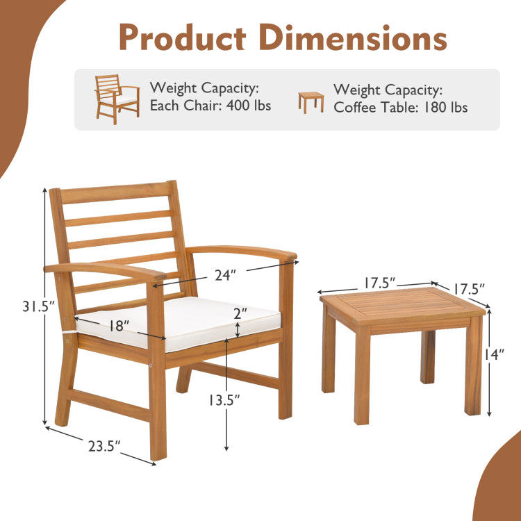 Aimee Lii 3 Pieces Outdoor Furniture Set with Stable Acacia Wood Frame, Patio Furniture Sets, White