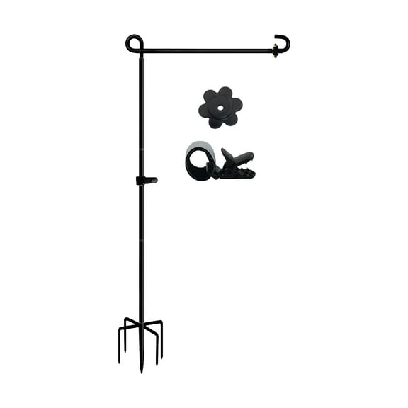 Garden Flag Stand Holder with 5 Prong Heavy Duty Base for Outdoor Double Flags, Stable Yard Flag Pole Weather Resistant, Fits Small Garden Flags 12x18 Inches, Supports 13" Wide Flags, Black