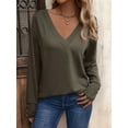 thumbnail image 4 of Long Sleeve Shirt for Women Fall Outfits Dressy Casual Fashion Clothing V Neck Tunic Tops with Button Green S, 4 of 8