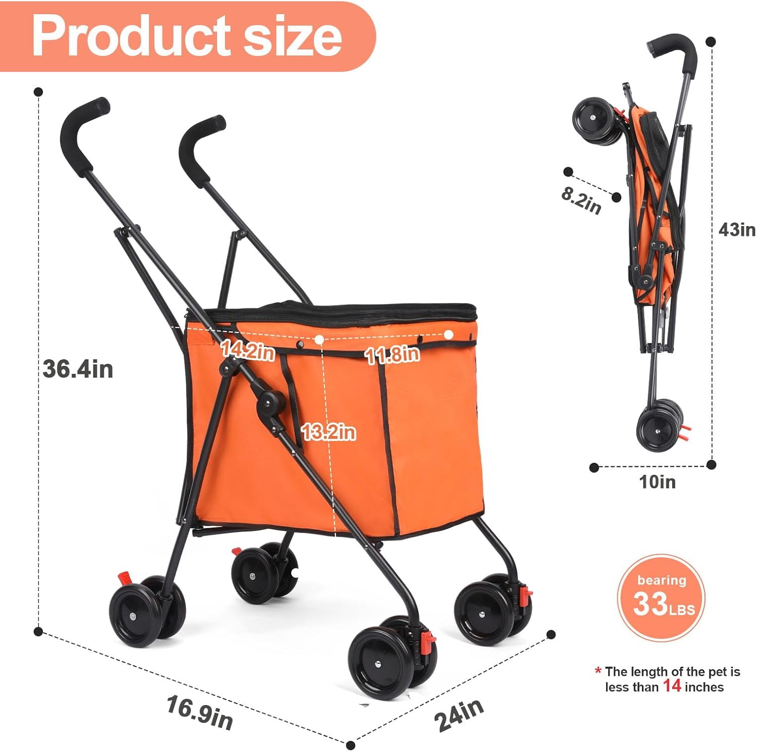 Dog Strollers, Shopping Cart, Collapsible Folding Utility Wagons Carts Heavy Duty, The Original Patented, 60lbs Capacity, Minimalist for Cats Pets Outdoor Camping Shopping Sports Garden (Orange)