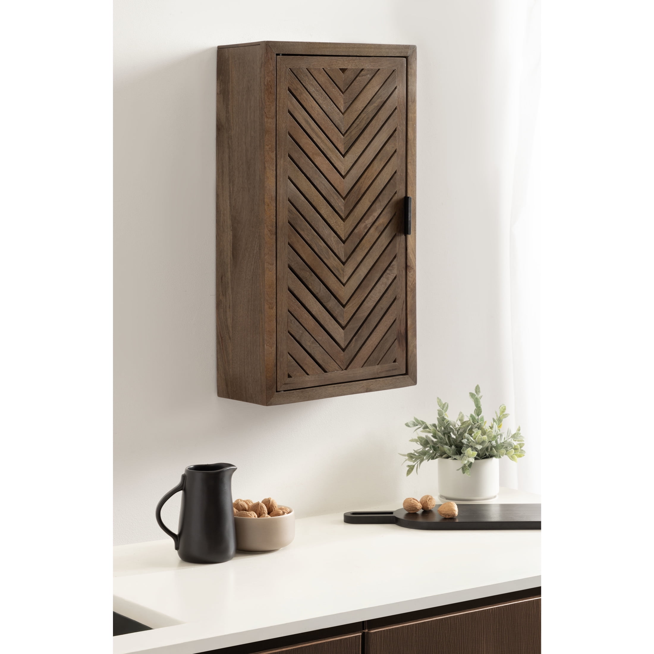 Kate and Laurel Mezzeta Decorative Modern One-Door Floating Bathroom Cabinet, 15 x 7 x 28, Brown, Decorative Over Toilet Storage Cabinet Made from Solid Mango Wood with Slatted Chevron Design