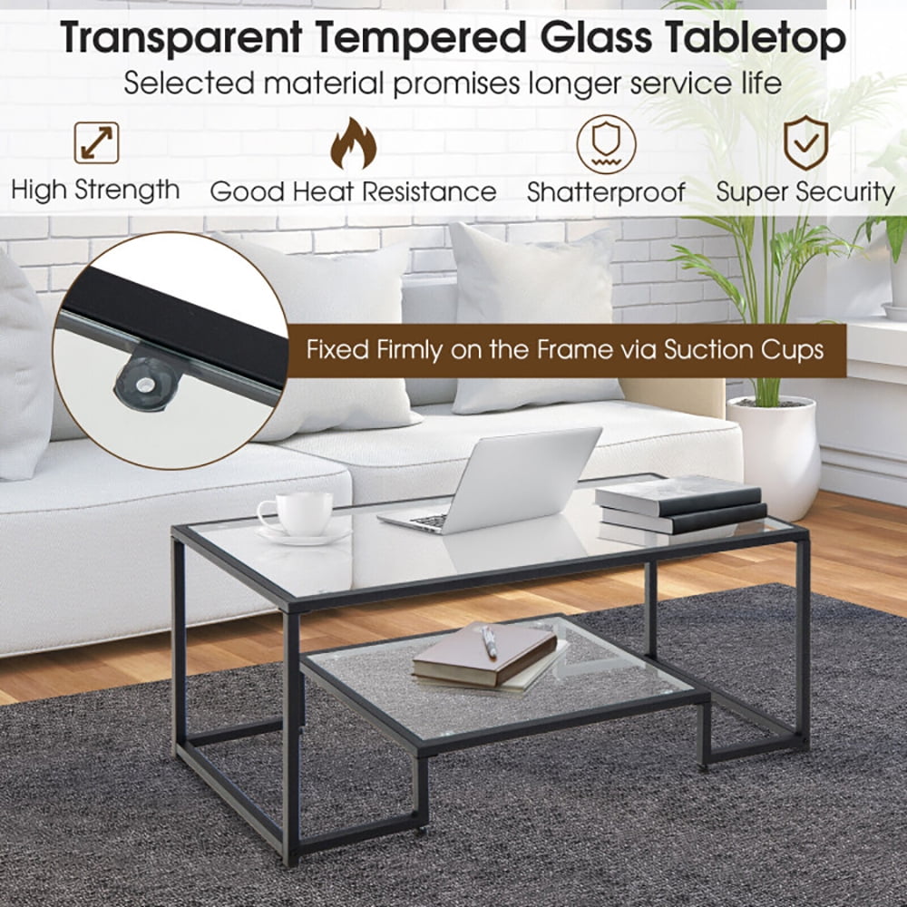 Finihen Glass Coffee Table, Rectangular Coffee Table, Modern 2-Tier Rectangular Coffee Table with Glass Table Top, for Living Room, Reception Room, Black Finihen Glass Coffee Table, Rectangular Coffee Table, Modern 2-Tier Rectangular Coffee Table with Glass Table Top, for Living Room, Reception Room, Black