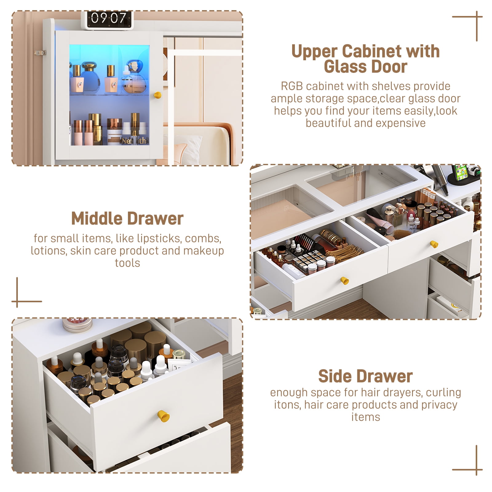 Blotout 62'' Large Vanity Desk w/60000-color LED Lights, Tempered Glass Top, Power Outlet, Makeup Vanity Table w/ 3 Lights Mode Mirror, 9 Drawers, 2 RGB Cabinets, LED Dressing Table for Girls, Women