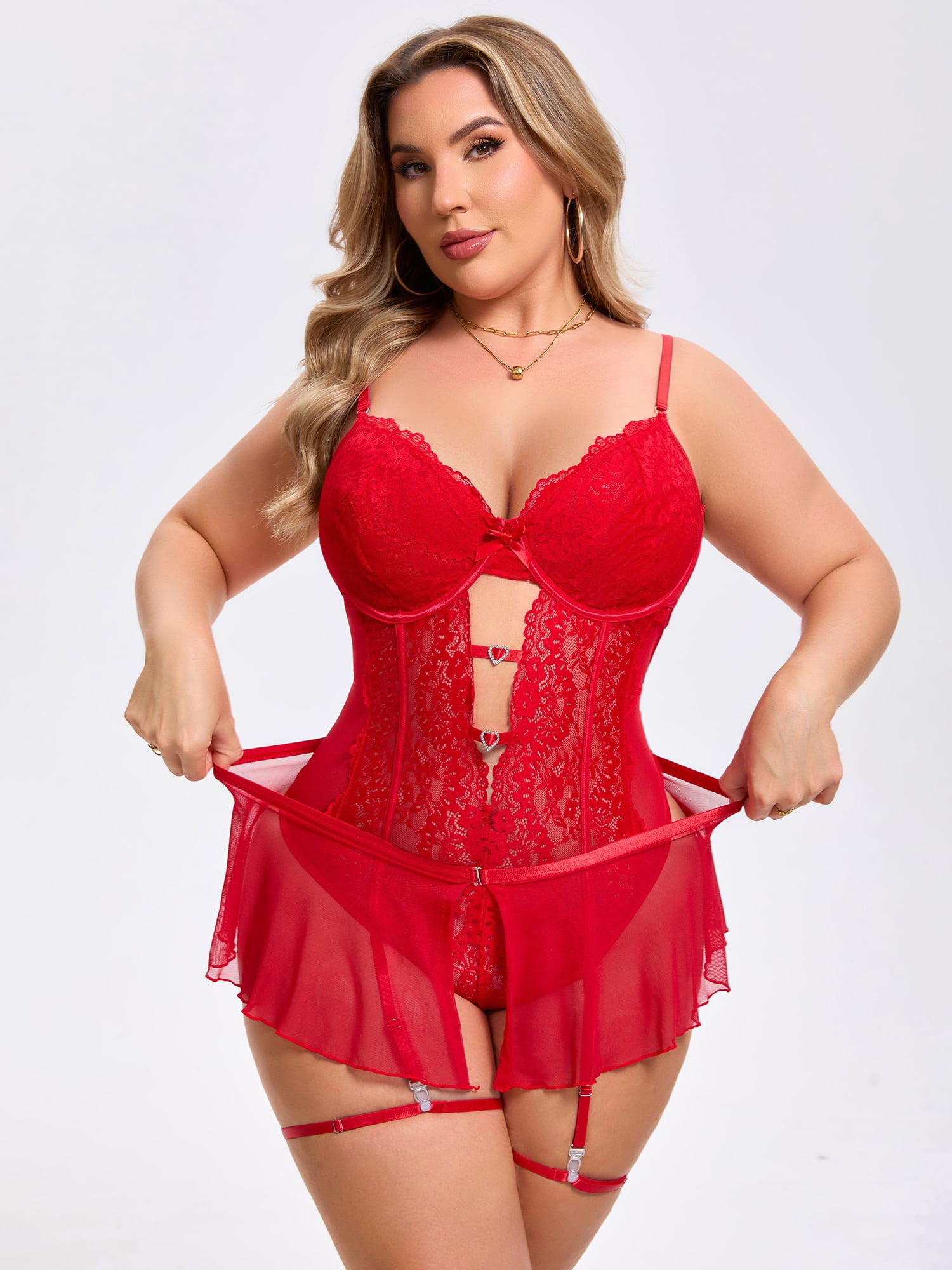DARING DIVA Women's Cut Out Skirt Bodysuit Underwired Lingerie Set 2XL Red