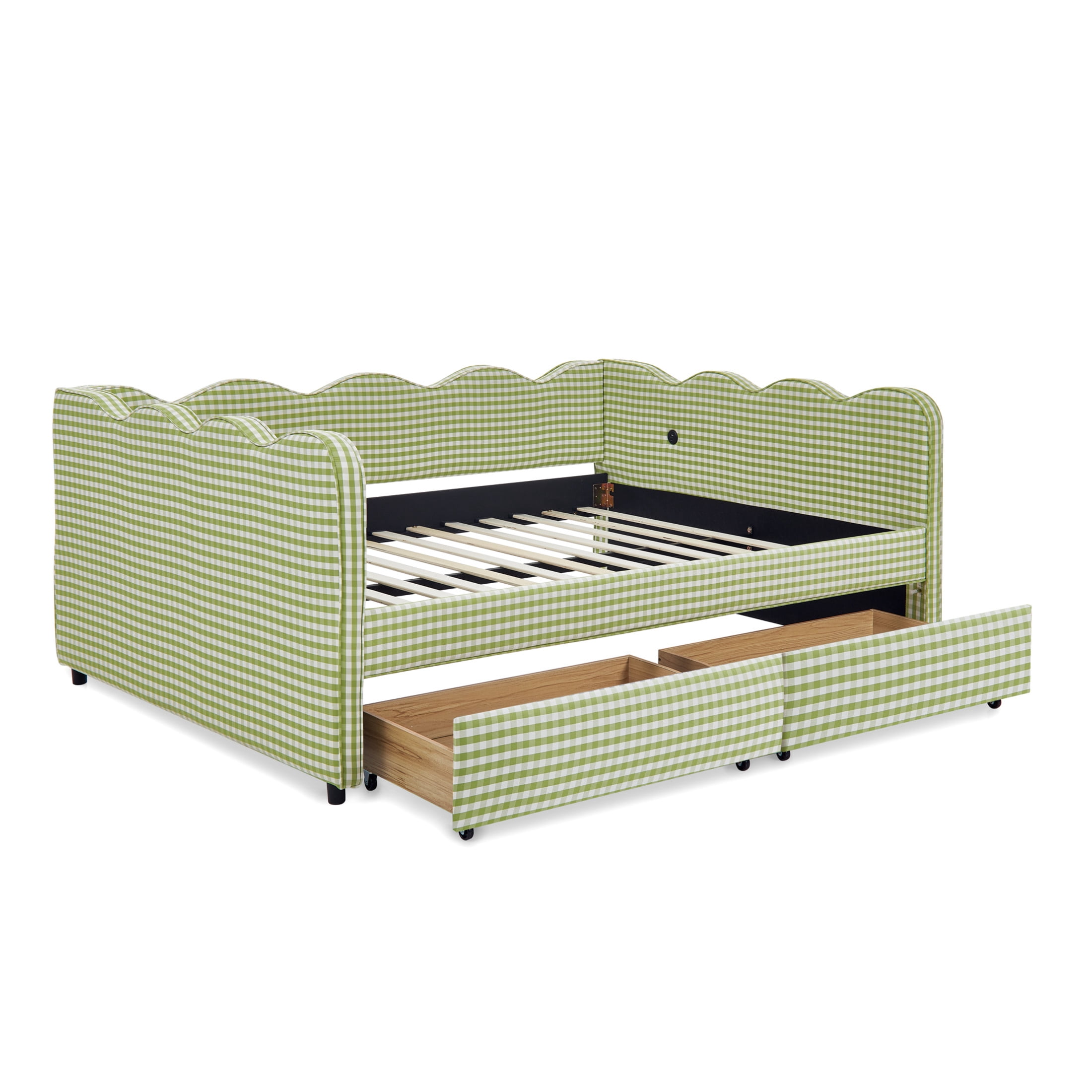 Noble House Corlan Full Size Waved Daybed, Cozy Gingham Linen Sofa Bed with Storage Drawers and Charging Port, Green