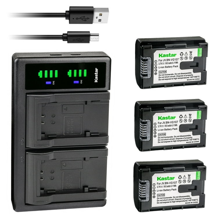Kastar 3-Pack BN-VG107 Battery and LTD2 USB Charger Replacement for JVC  GZ-E205 GZ-E220 GZ-E225 GZ-E245 GZ-E265 GZ-E280 GZ-E300 GZ-E300AU GZ-E300BU 