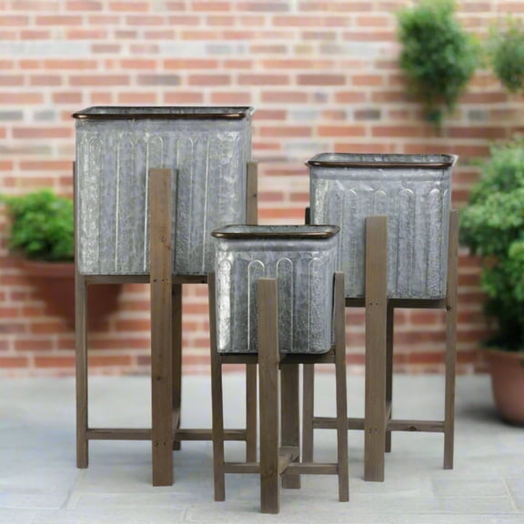 Alden Metal Square Planter Set with Wooden Stands (Set of 3)