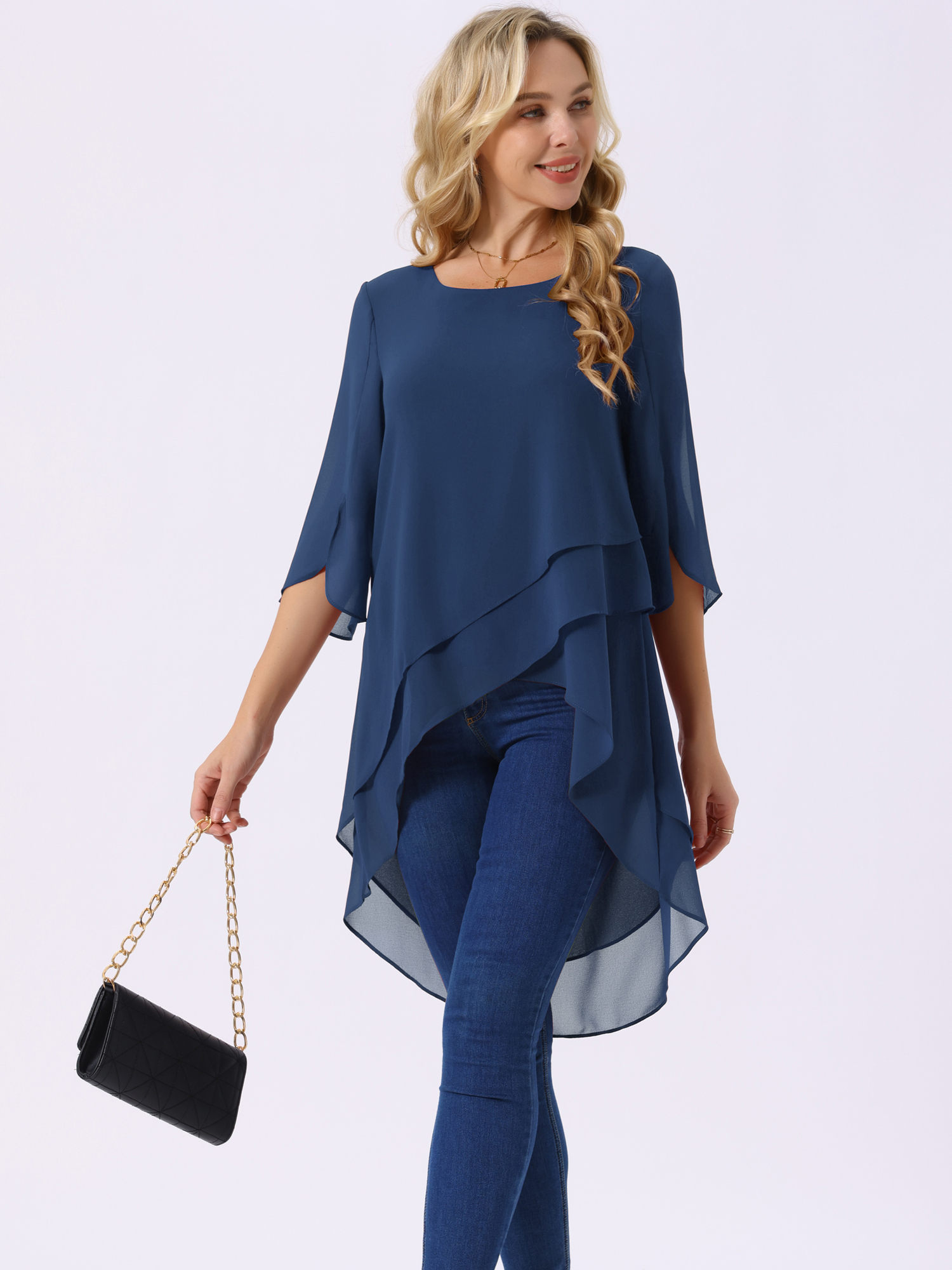 DARING DIVA Women's 3/4 Sleeve High Low Hem Scoop Neck Chiffon Blouses S Dark Blue