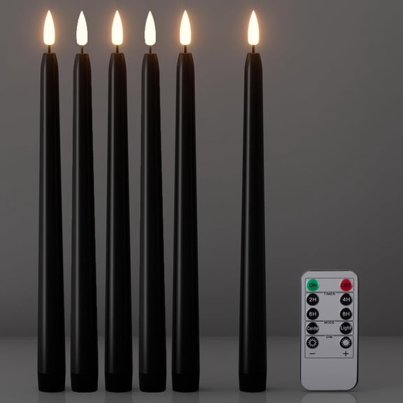 Halloween Flameless Taper Candles, 6 Pack Black Candles Battery Operated LED 3D Wick Flickering for Halloween Table Decorations(Remote-Control Model)
