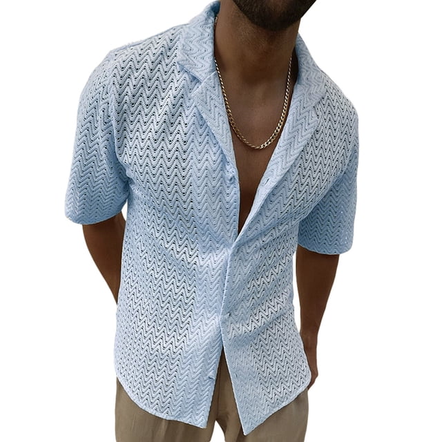 xiaxaixu Men’s Lace Shirt, Short Sleeve Turn-down Collar Button Closure Hollowed Beach Shirt Summer Tops