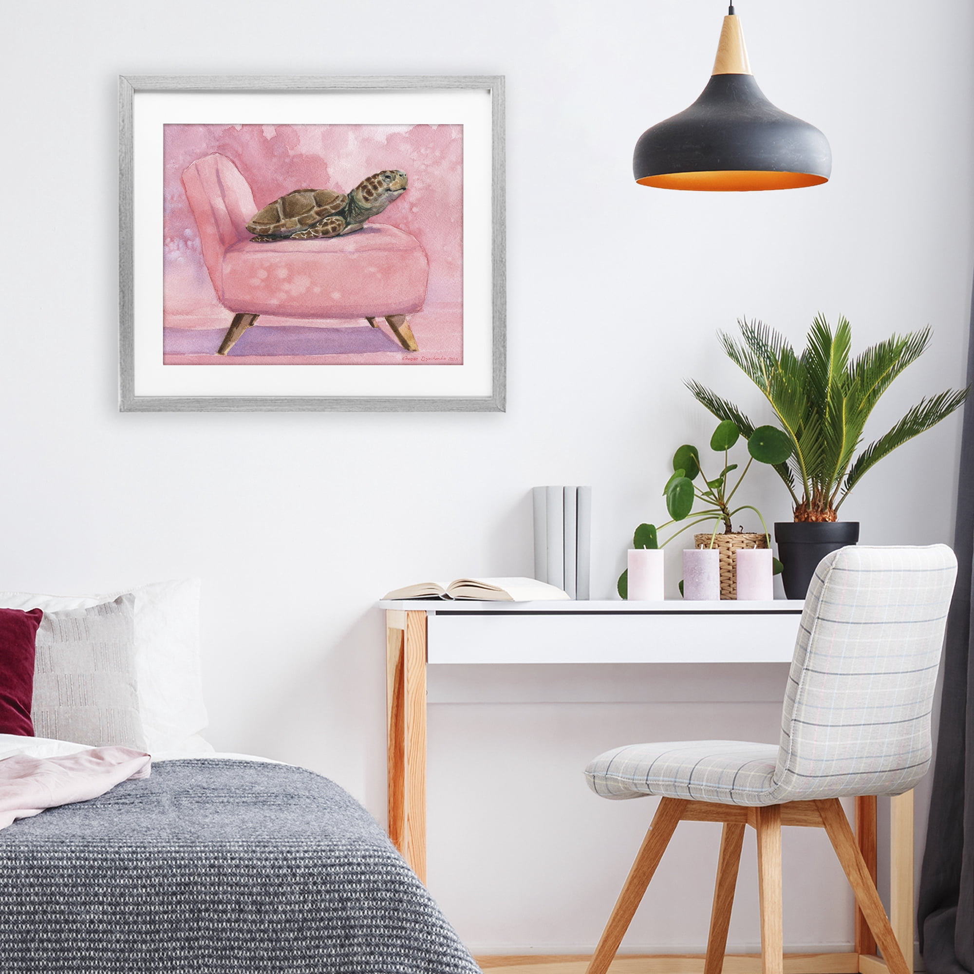 Stupell Industries Happy Turtle on Pink Chair Gray Framed Print Under Glass, design by George Dyachenko