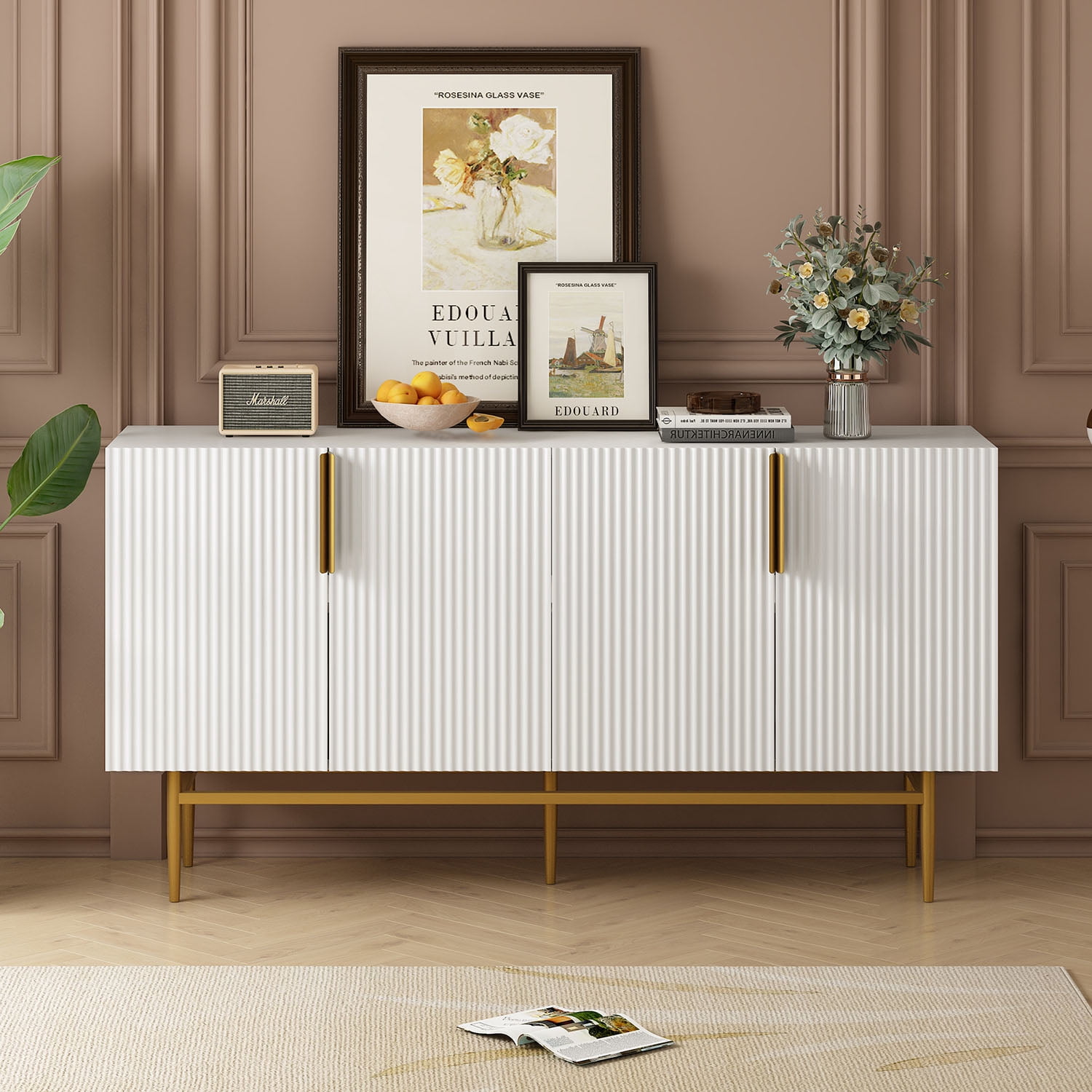 Kepooman 60" 4 Doors Buffet Cabinet, Storage Sideboard Buffet Cabinet with Gold Metal Handle for Living Room, White Kepooman 60" 4 Doors Buffet Cabinet, Storage Sideboard Buffet Cabinet with Gold Metal Handle for Living Room, White