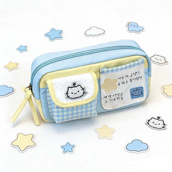 Aesthetic Cat Embroidery Pencil Pouch with Gingham Patchwork, Cute Durable Pencil Case for Office Desk Artist Makeup Brush Travel Storage, 8.26 Inch