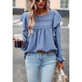 thumbnail image 2 of Solid Round Neck Ruffle Shoulder Crochet Detail Blouse for Women Blue Large, 2 of 5