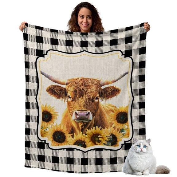 Throw Blanket for Couch, Vintage Farm Sunflowers Soft Cozy Warm Flannel Blanket 30x40in, Black White Buffalo Check Lightweight Fleece Throw Blankets for Sofa Bedroom Office All Season Use