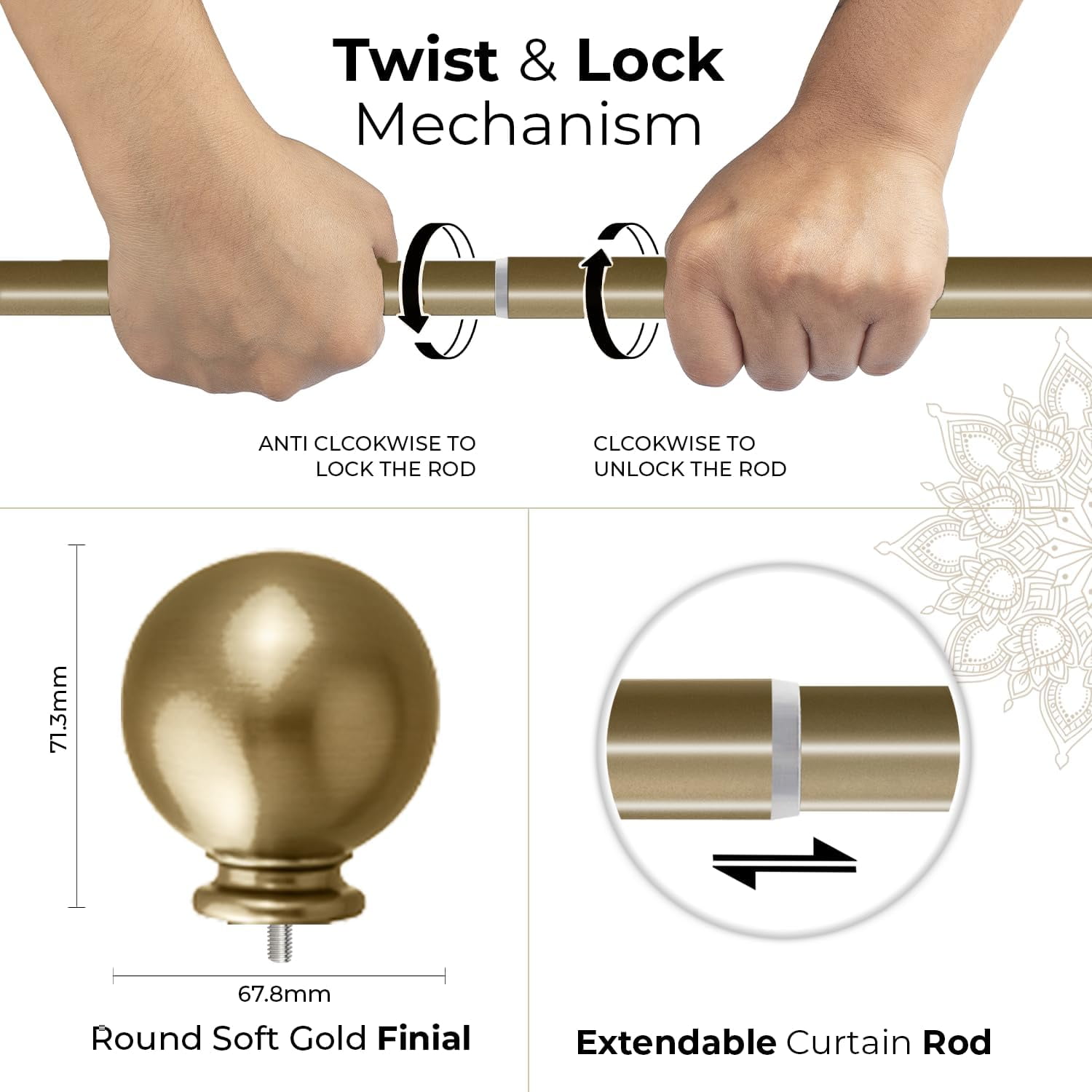 Deco Window Adjustable Curtain Rod for Windows 44 to 120 Inch (Pack of 1) Extendable Heavy Duty 1 Inch Iron Ball with Finials Wall Mounted Curtain Rods (Gold)