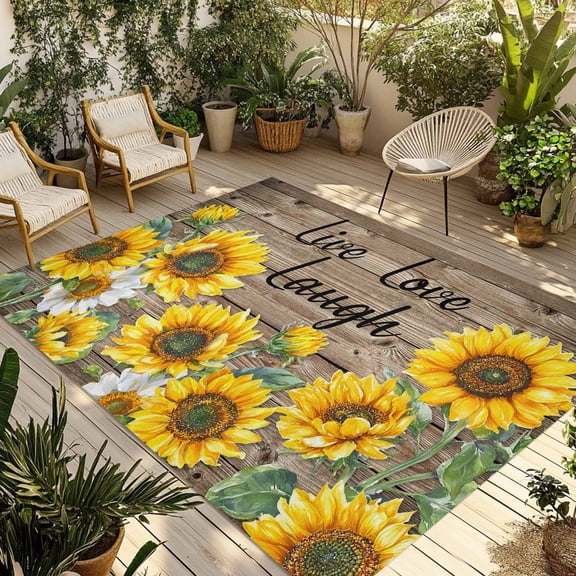 Sunflower Outdoor Rug 3x5 Ft - Reversible Patio Rug Outdoor Camping Rugs, Farm Floral Love Brown Vintage Brown Wood Grain Indoor Outdoor Area Rugs, Non-Slip Outdoor Carpet Runner for Deck/Porch