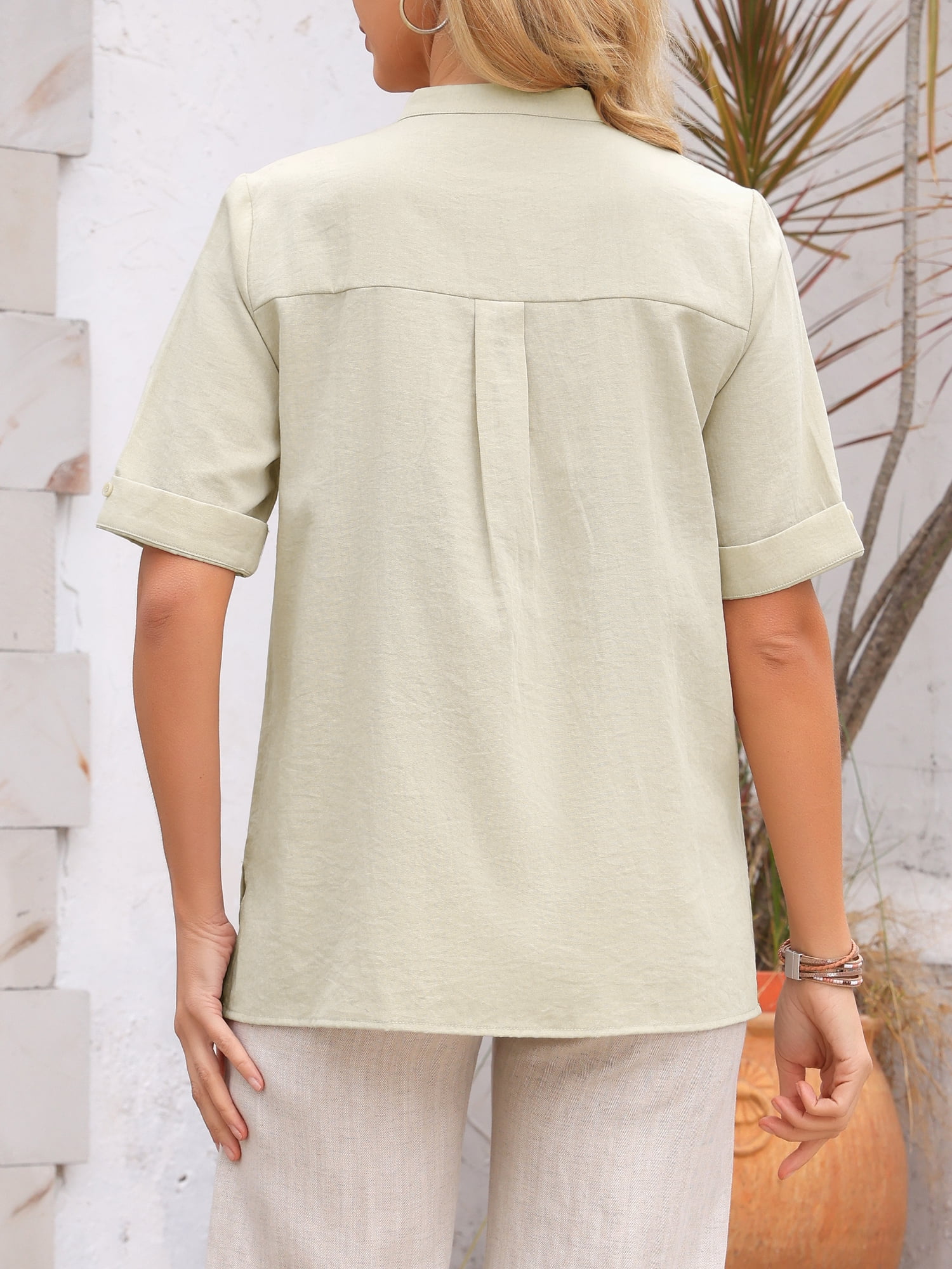 DARING DIVA Women's Button Down Cotton Short Sleeve V Neck Casual Tunic Blouse M Apricot
