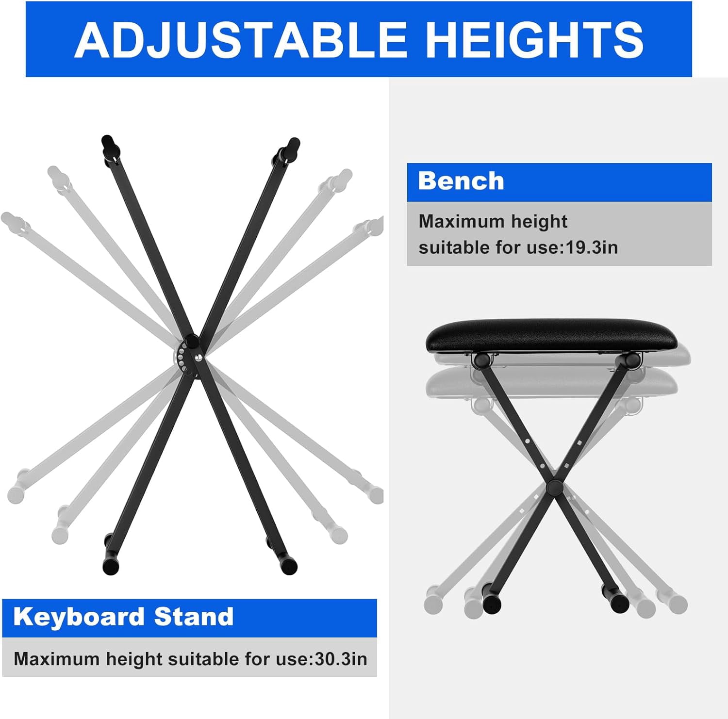 Keyboard Stand & Bench Set, Upgrade Heavy Duty Double-X Keyboard Stand, Adjustable & Portable Digital Piano Stand with Limit Rod