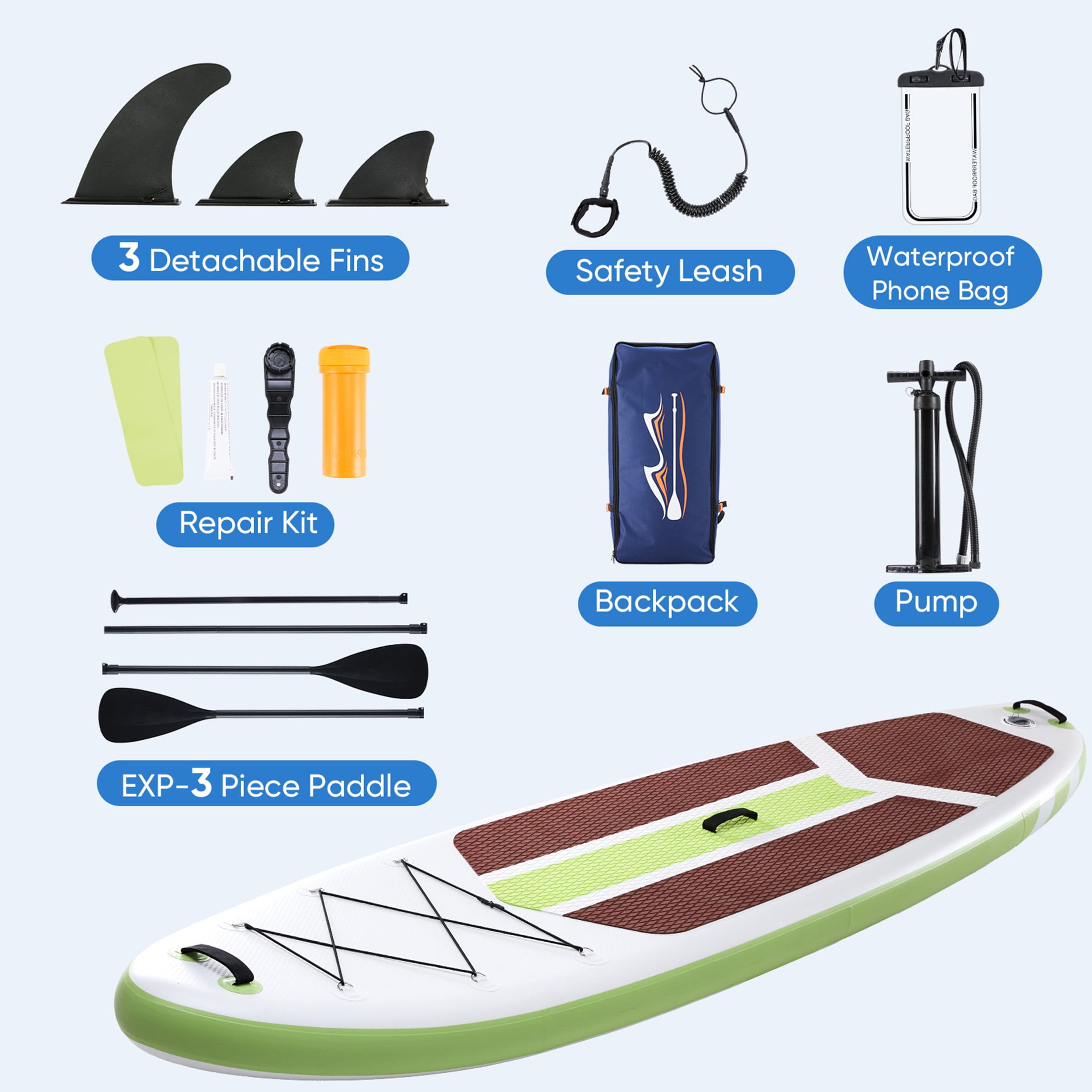 Edx Inflatable Stand Up Paddle Boards 10 ft 5 in with Premium SUP Paddle Board Accessories, Wide Stable Design, Non-Slip Comfort Deck for Youth & Adults，brown green