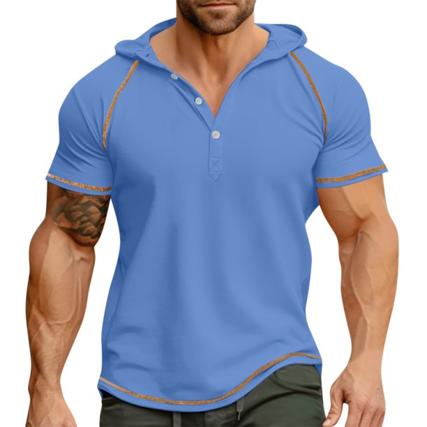 Men's Solid Color Three Button Hooded Raglan Shirt Top M