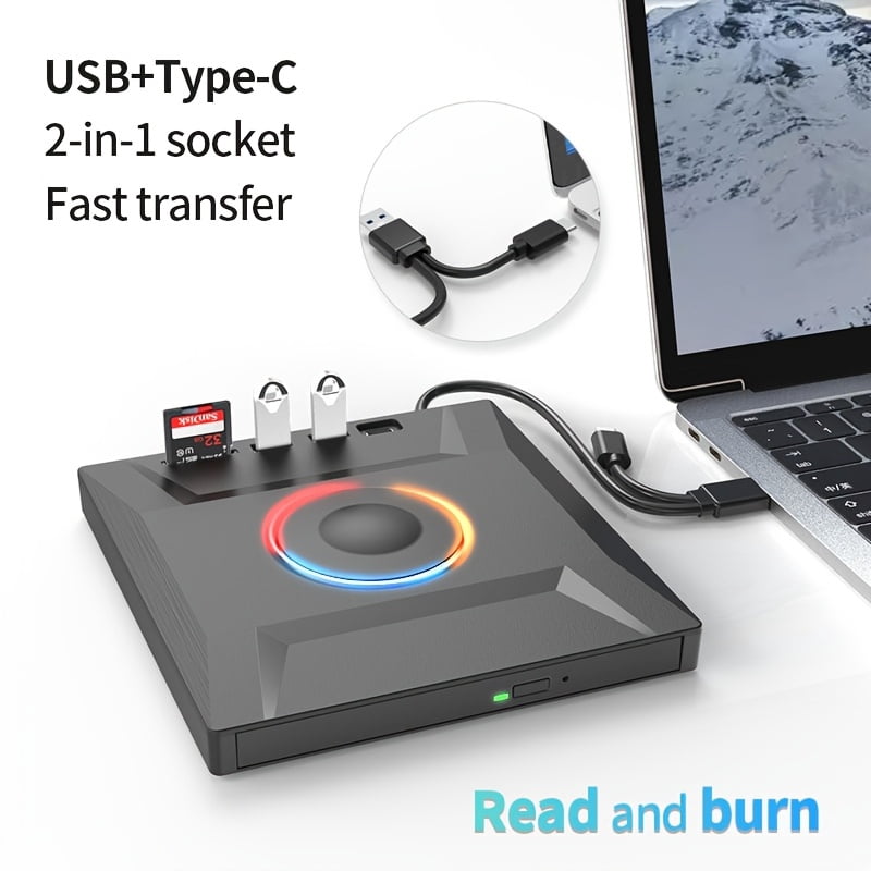 7-In-1 Multifunctional External Player/Reader/Writer USB C Portable CD/DVD+/-RW Drive/Dvd Player, USB 3.0 USB C Hub DVD CD Burner, Compatible with Laptops, Desktops, And All-In-One Computers