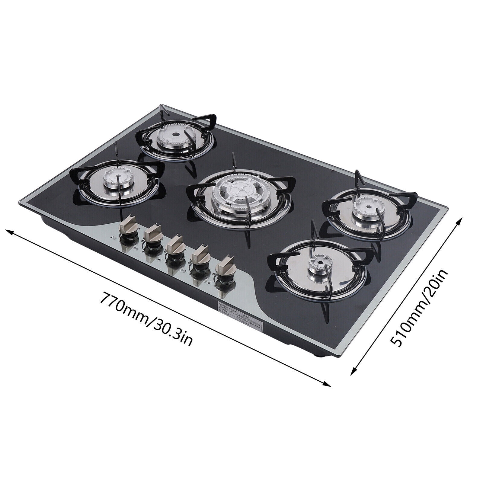 5-Burner Gas Cooktop with Automatic Pulse Ignition - Tempered Glass, LPG/NG Convertible, Easy to Clean