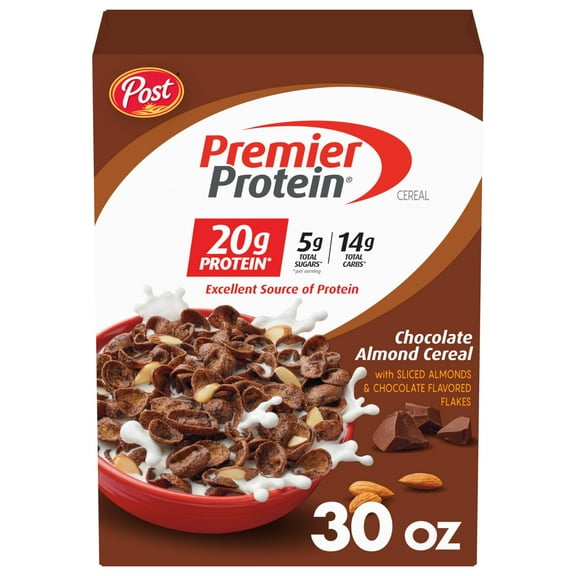 Post Premier Protein SCH4 Chocolate Almond Cereal, Chocolatey Protein Cereal Flakes with Sliced Almonds, Contains 20g of Protein Per Serving, 30 OZ Box