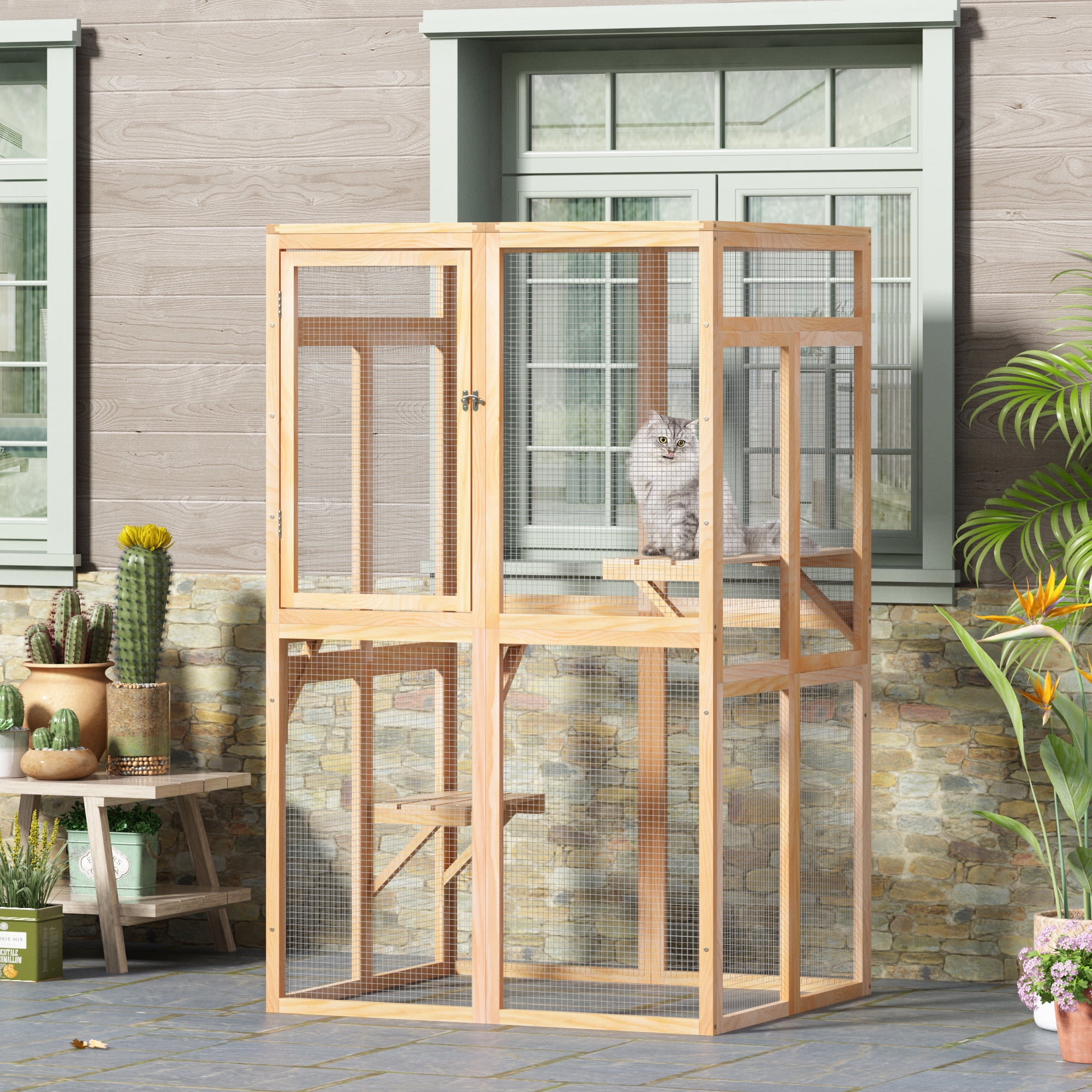 COZIWOW Catio Outdoor Cat Enclosure Window Access, Wooden Cat House Cage Indoor