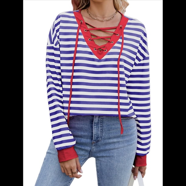 Sudadera Holgada Informal de Larga con Cuello Redondo y Bloques de Color para Mujer Azul Colorido L