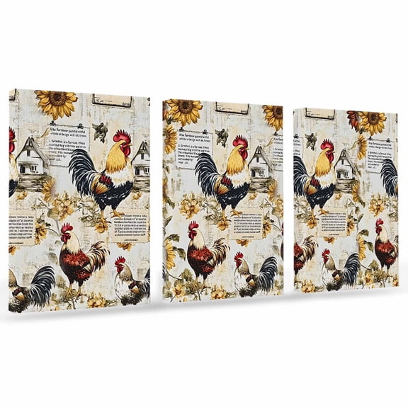 Vintage Rooster Canvas Wall Art 3 Panels, Sunflower Farmhouse Rural Country Framed Wall Decor Modern Artwork Prints Painting for Living Room, Bedroom, Kitchen & Cafe Decor 20" x 24"