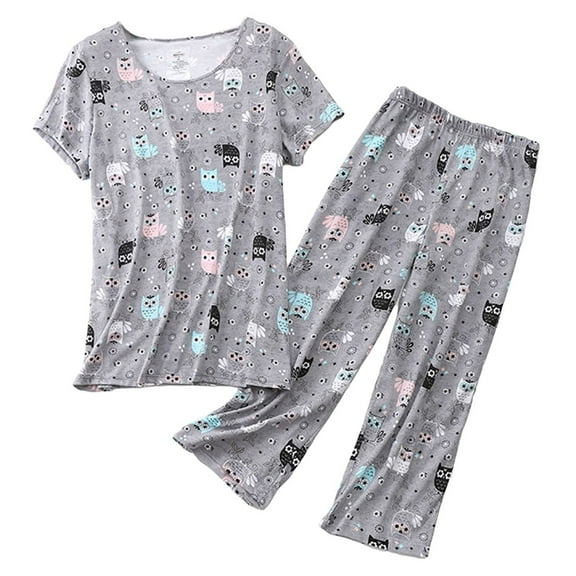 Previn Women's Cotton Capri Pajama Set Summer Fall Short Sleeve Pjs Soft Loose Spring Thin Crew Neck Lounge Set Patterned1 X-Large