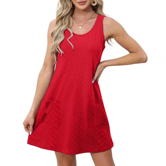 Ovzne Robes pour Femmes Robe pour Femme Mode Été Poches Décontractée Unie Col Rond Sans Manches Mini Robe Robe pour Femmes Liquidation
