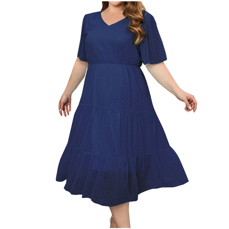 VKEKIEO Dresses For Women 2023 Wedding Guest Plus Size Flowy Maxi Dress  A-line Long Short Sleeve Solid Blue XL