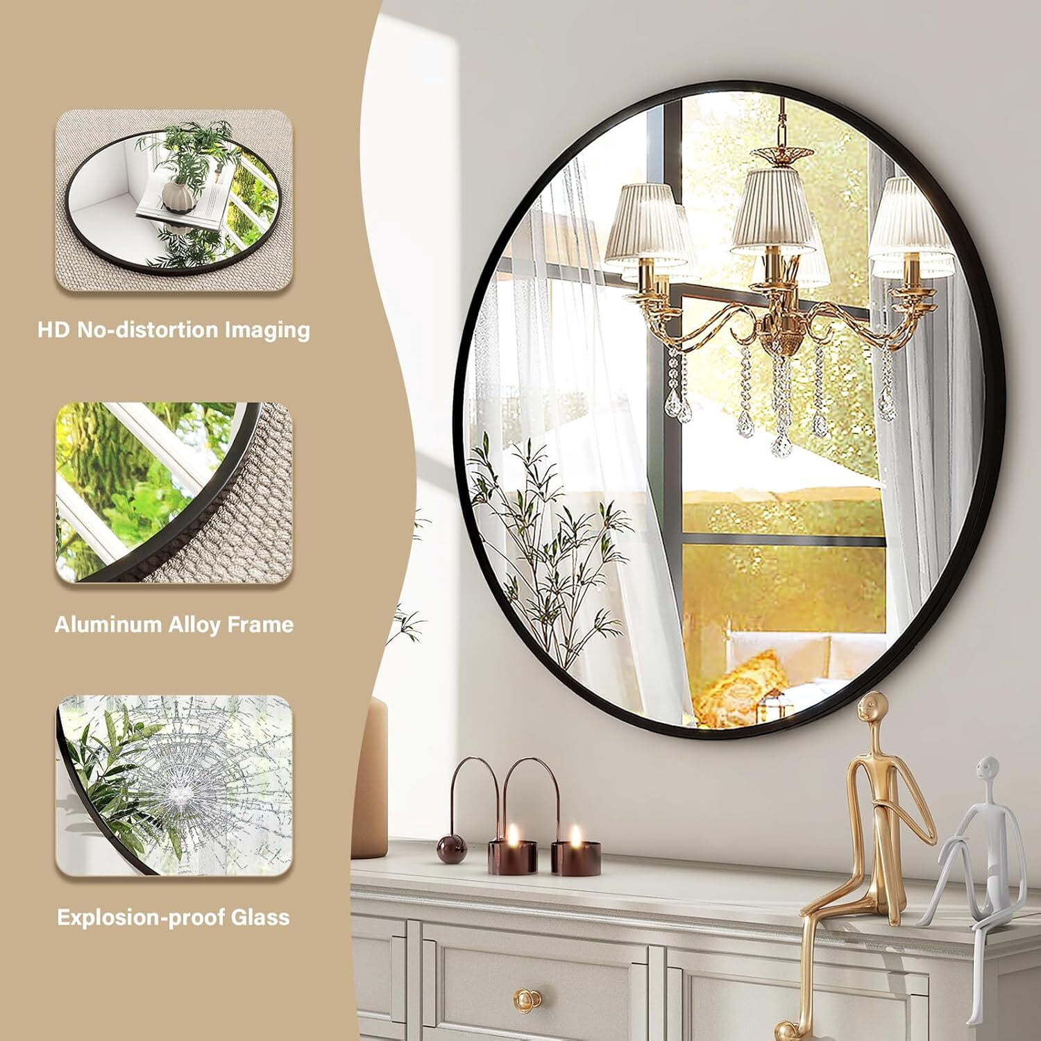 Mirrasia 24" Circle Mirror Wall Mounted Round Mirror with Metal Frame, Black