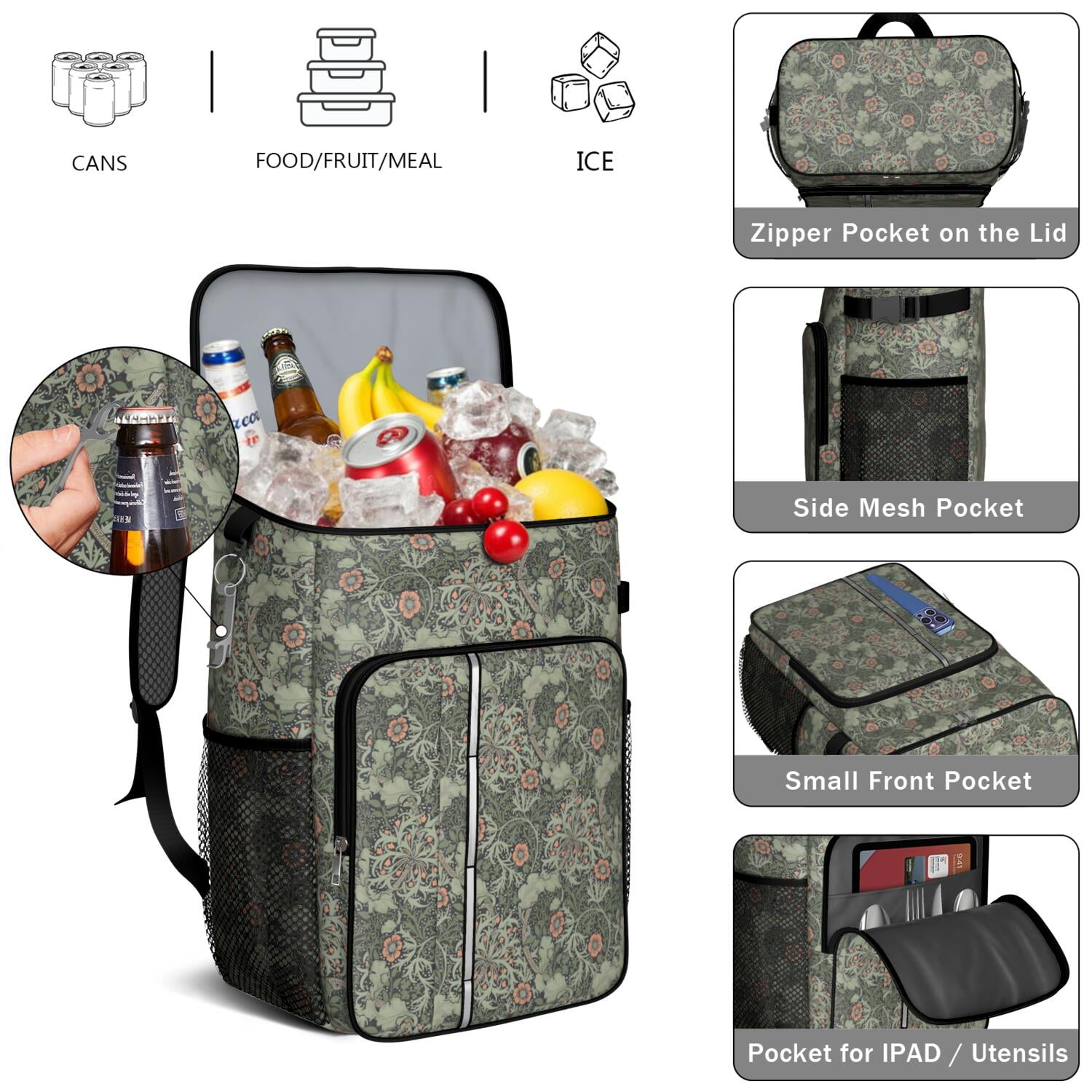 Travel Cooler Bag - Boho Bohemia Flower Camping Beer Cooler Backpack with Bottle Opener- Waterproof Insulated Picnic Backpacks - Cooler Bag for Beach