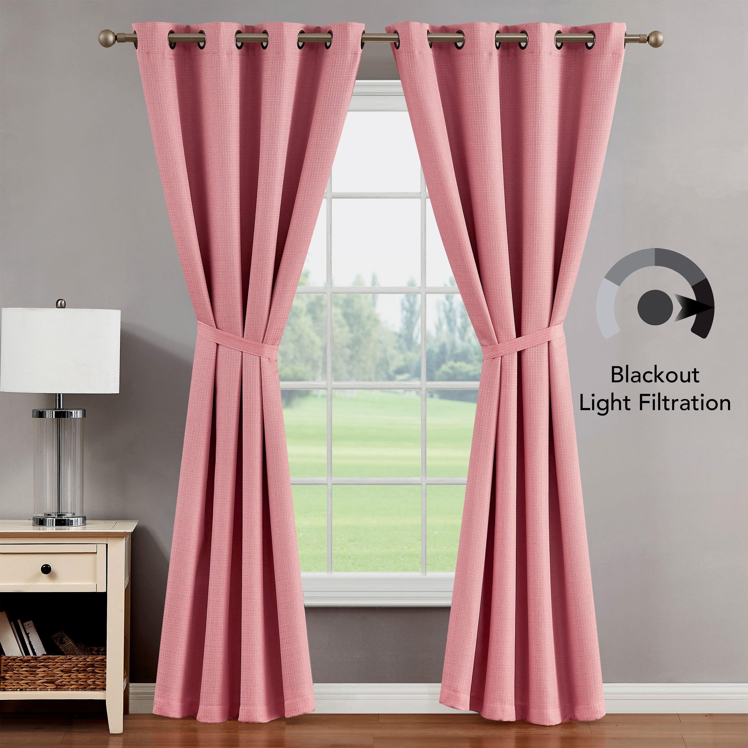 Chyna Blackout Window Curtain Panels with Tiebacks, Grommet, Coral, 50" x 84"